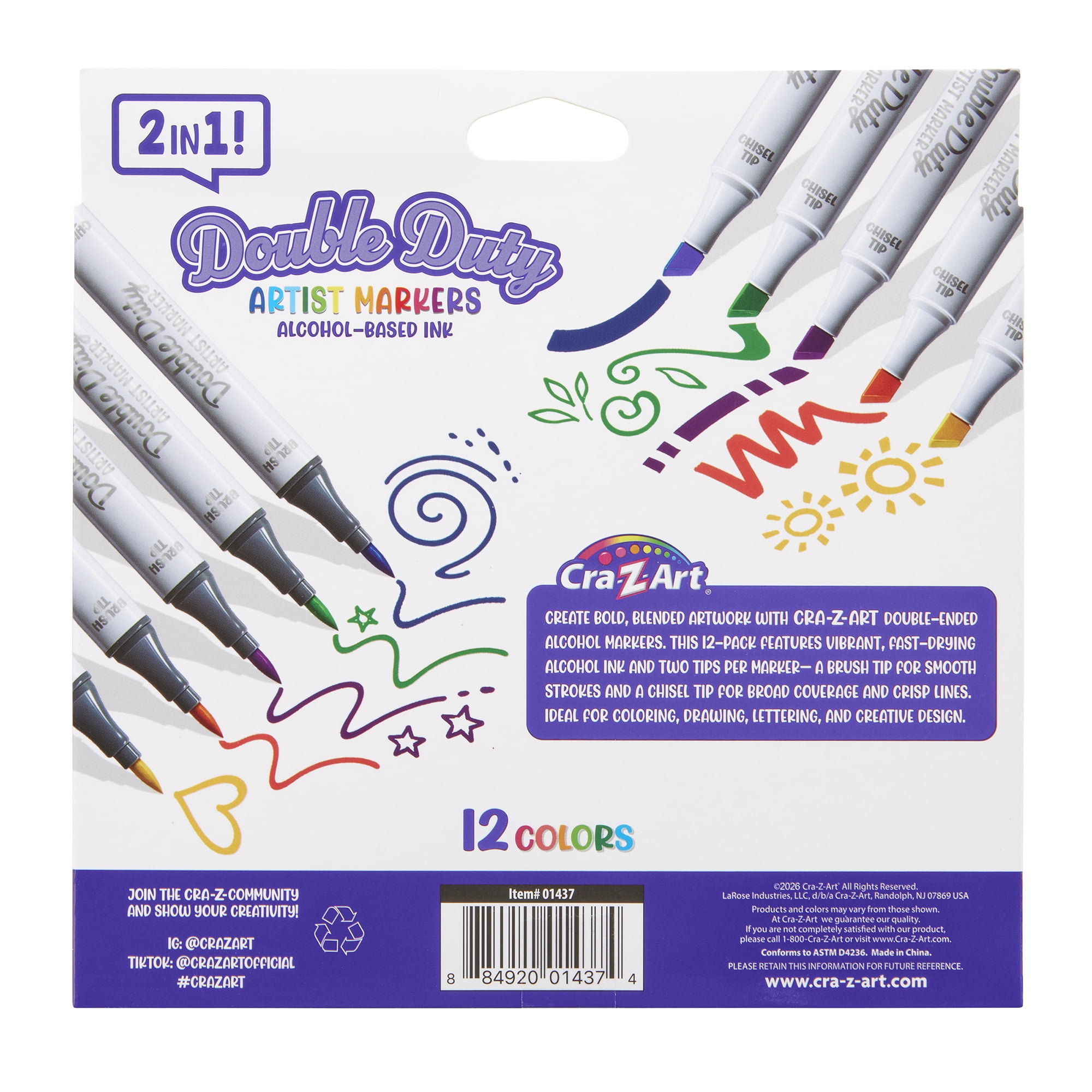 Cra-Z-Art Double Duty 12-Count Dual-Tip Alcohol Markers, Brush & Chisel Tips