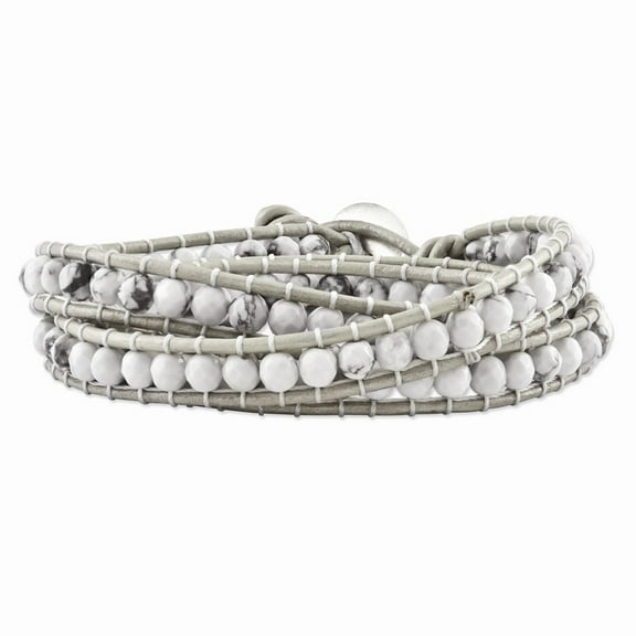 White Leather bracelet Adjustable & Stretch Wrap Howlite 21 in 7 mm
