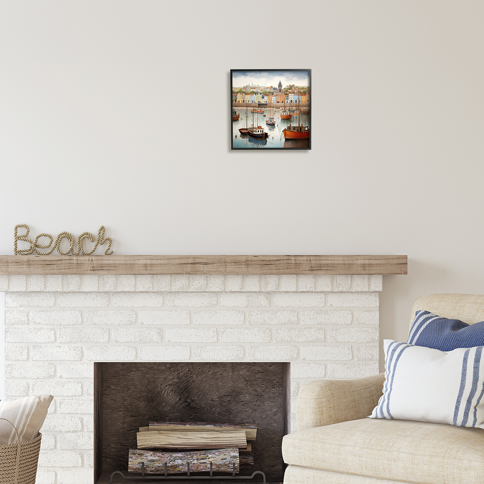 Stupell Industries Seaside City Harbor Transportation Painting Black Framed Art Print Wall Art, 12 x 12