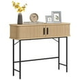 thumbnail image 1 of HOMCOM Table Console Étroite avec Portes Coulissantes à Tambour à Lattes, Chêne, 1 of 10