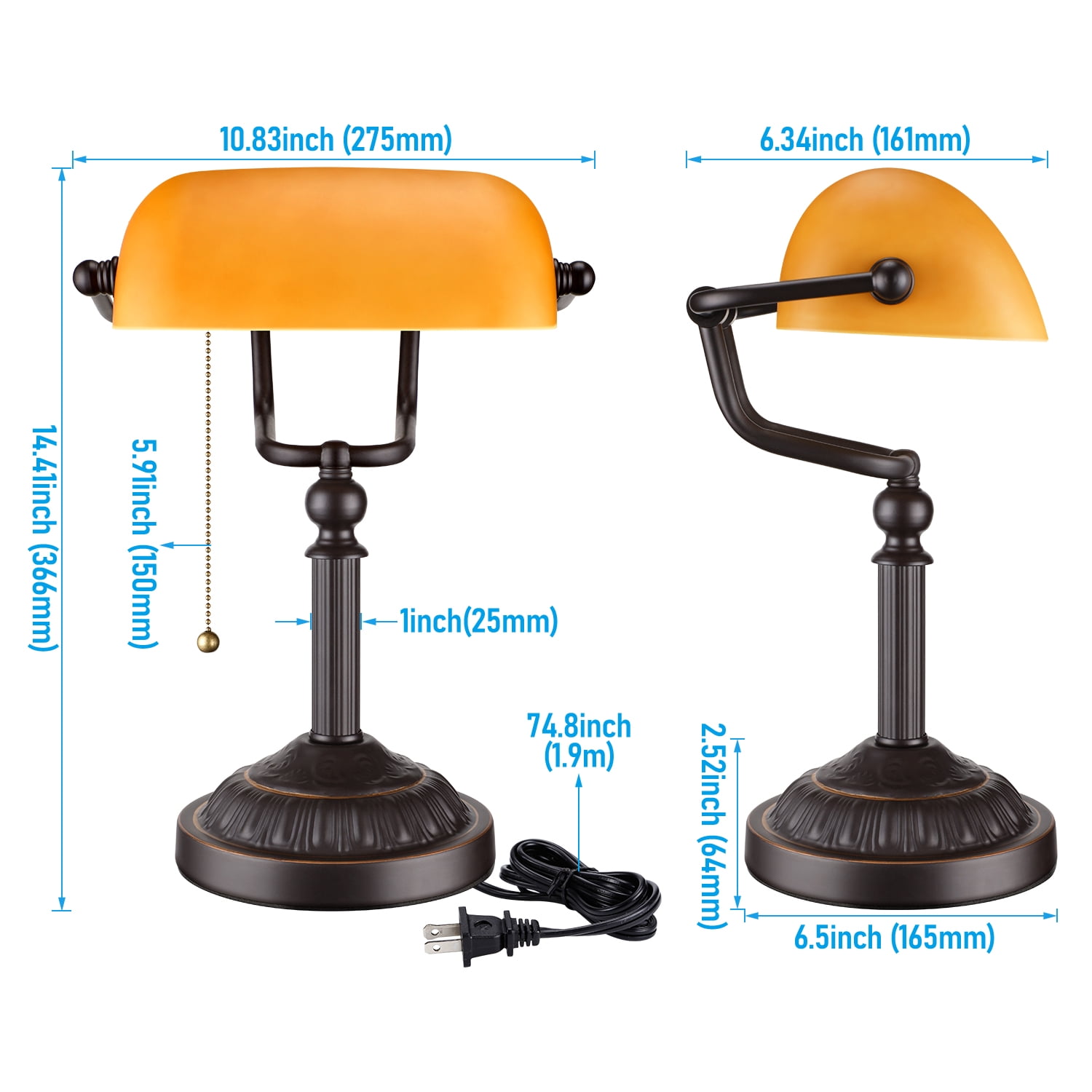 Traditional Bankers Lamp with Pull Chain Switch, Amber Glass Shade, Retro Bronze Base, UL Listed, E26 Base