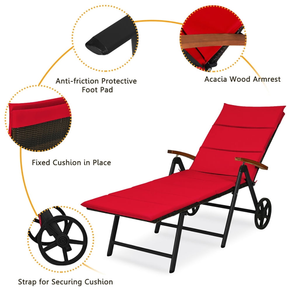 Aimee Lii Folding Patio Rattan Lounge Chair with Wheels, Patio Loungers, Red