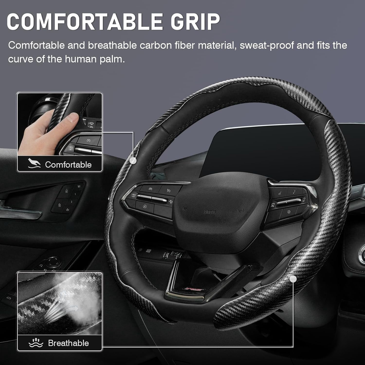 Canvcle 3 Piece Carbon Fiber Steering Wheel Cover, Car Steering Wheel Cover for Men/Women, Anti-Slip, Comfortable Grip, Durable, Universal for 99% Car Interior Accessories (Black)