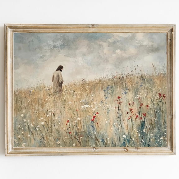 Jesus In A Field, Jesus Christ Among Wildflowers, Jesus Wall Decor, Rustic Christian Decor, Christian Wall Art, E614 UNFRAMED PAPER POSTER, Home Decor, Vintage Gift, Living Room Dercor