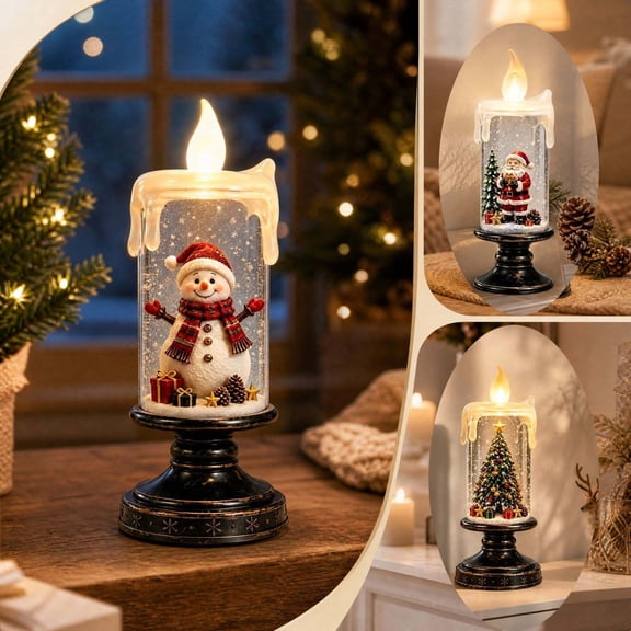 Lighted Christmas Snow Globe Candle Tabletop Decor Christmas Candle Holder Figurine Christmas Table Decor for Mantel Shelf Winter Home Decoration