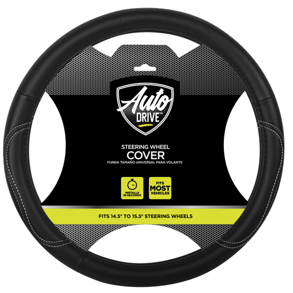 Auto Drive 1Piece Car Steering Wheel Cover Country Leather Black/White - Universal Fit, AD061711B