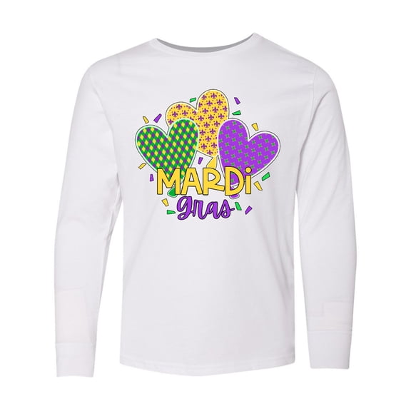 Inktastic Mardi Gras with Hearts and Patterns Long Sleeve Youth T-Shirt
