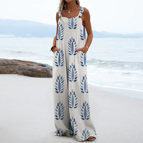 Pants for Women,Clearance Women's Plus Size Fashion Women Casual Cold Shoulder Jumpsuit Printing Button Suspender Jumpsuits Wide Pocket Leg Pant Loose Causal Pants