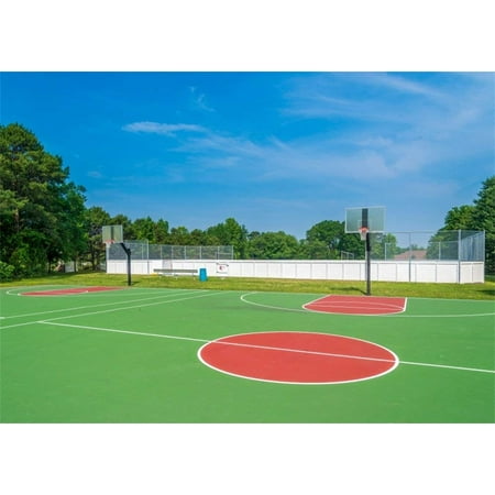 Image of ABPHOTO Polyester 7x5ft Basketball Court Backdrop School Playground Backdrops for Photography Green Trees Blue Sky White Cloud Grassland Photo Background Boys Students Sports Meeting Game Studio Props