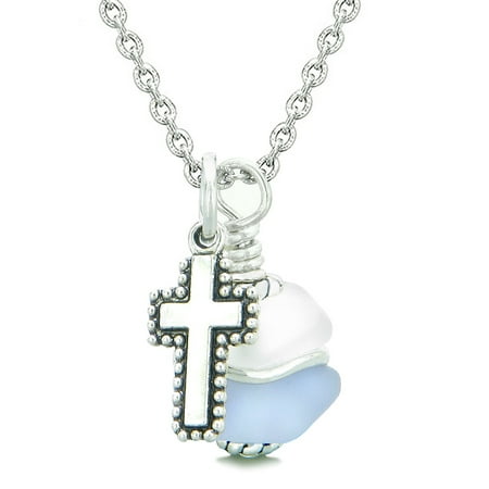 Glass Purple Cross - Sea Glass Icy Frosted Waves Holy Cross Pastel Purple White Positive Energy Amulet 18 Inch Necklace