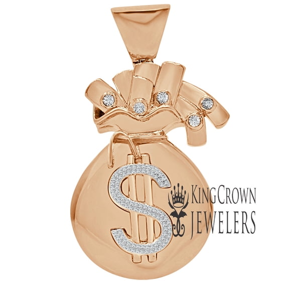 Real Genuine Diamonds Money Bag Pendant Dollar Sign Charm 10K Rose Gold Finish 2.25''