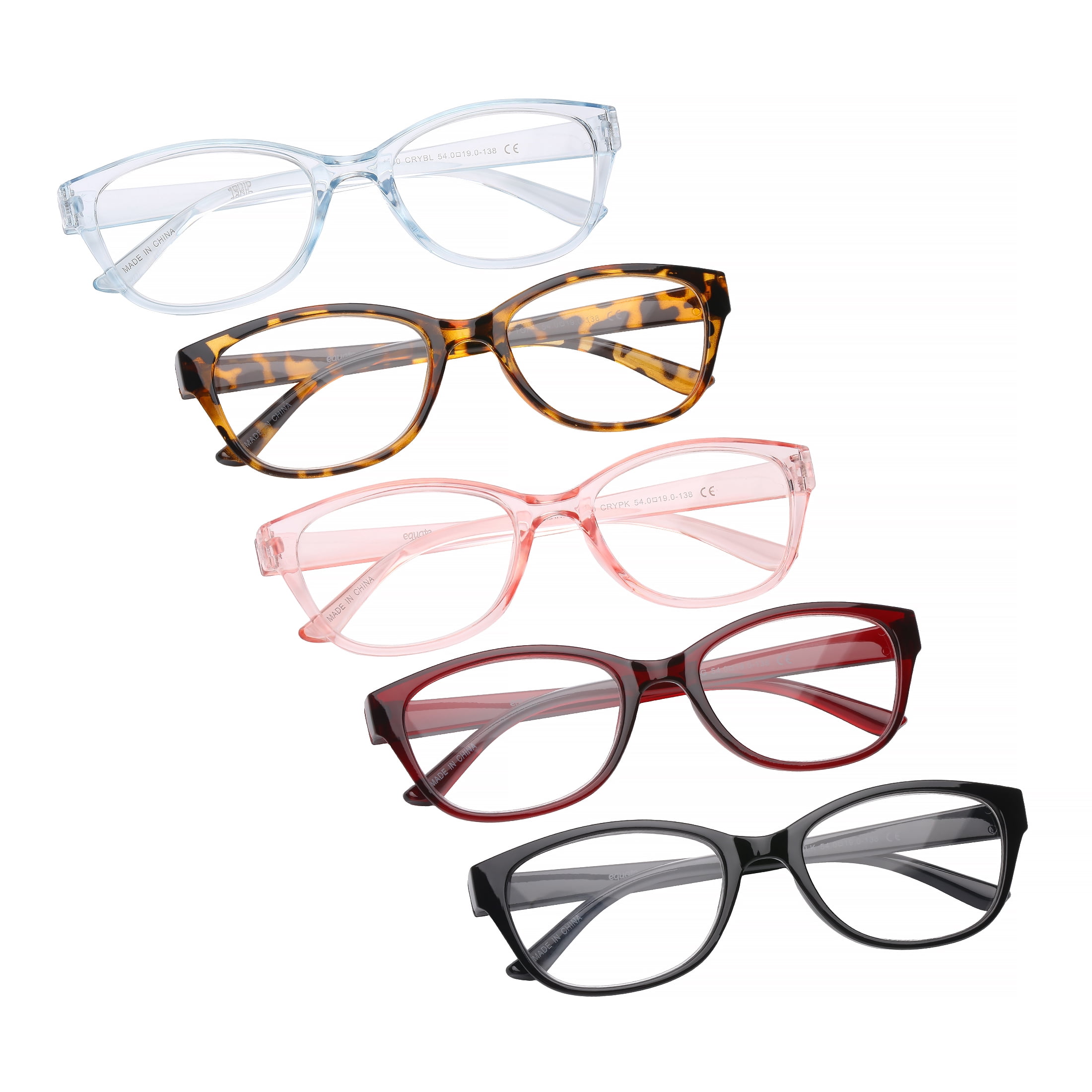(2 pack) Equate Amanda 5-Pack Womens Plastic Reading Glasses with Case, Tortoise/Blue Crystal/Red Crystal/Black/Pink Crystal, +1.50