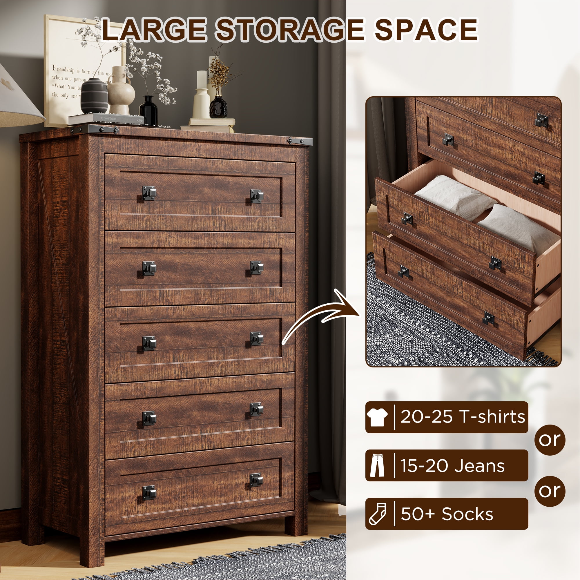 Keywhat Farmhouse 5 Drawer Dresser for Bedroom, Chest of Drawers Wood Organizer for Living Room, Reclaimed Barnwood