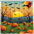 thumbnail image 1 of Whimsical Halloween Shower Curtain - Autumn Landscape with Bats Pumpkins & Sunset Perfect for Spooky Decor, 1 of 5