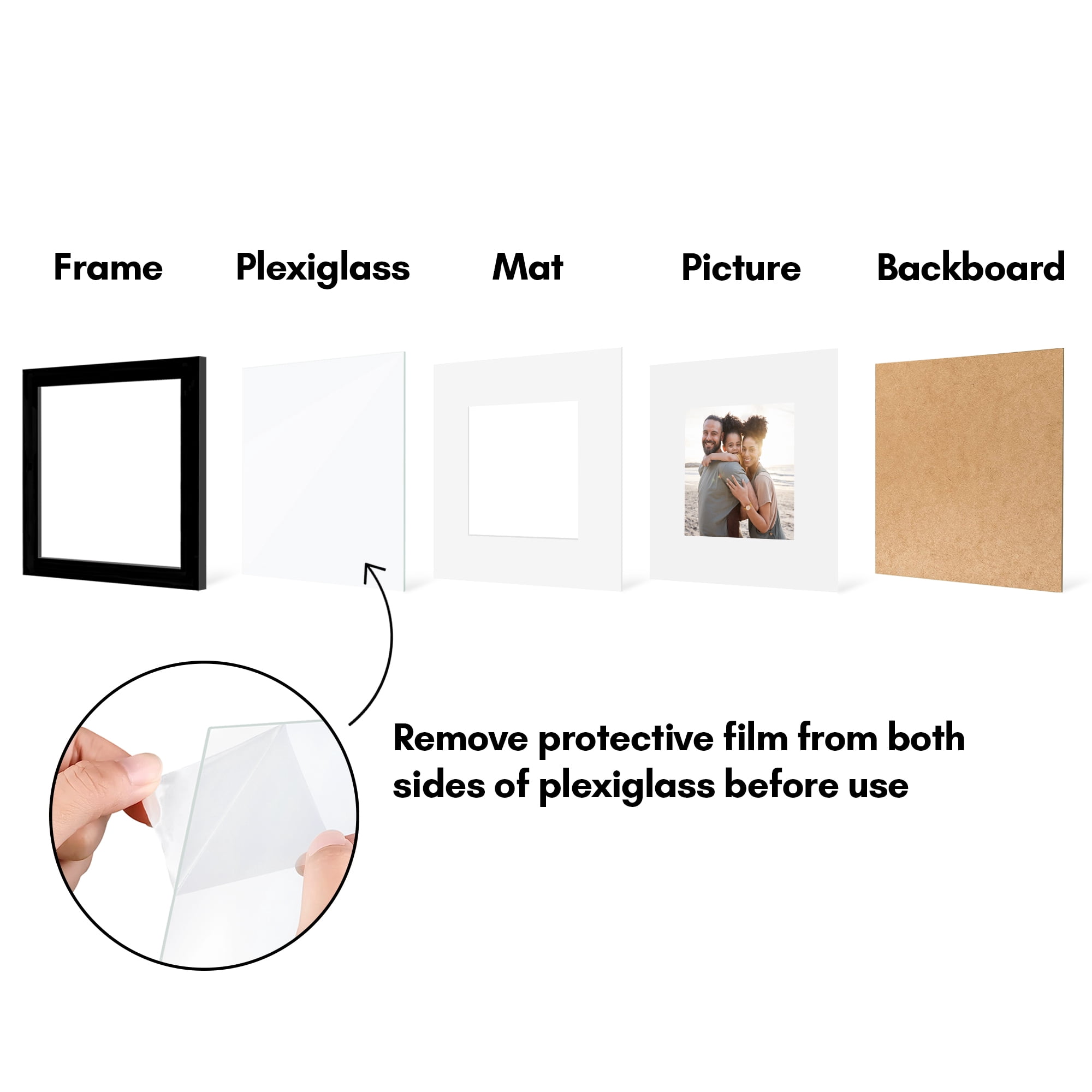 Americanflat 7x7 Picture Frame with Polished Plexiglass with 4x4 Mat 5 Pack Display Photo Galleria - Black