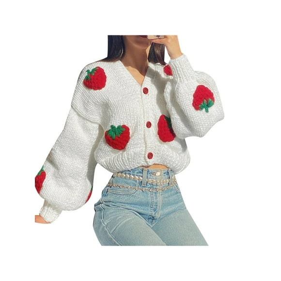 Gupgi Women Knitted Cardigan Autumn Knitwear Strawberry V-neck Puff Long Sleeve Knitted Coat