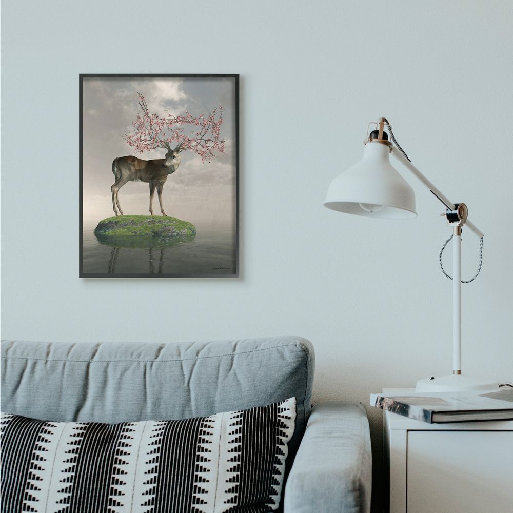 Stupell Industries Deer Tree Island Abstract Animal Design Framed Wall Art by Cynthia Decker, 24" x 30", Black Framed