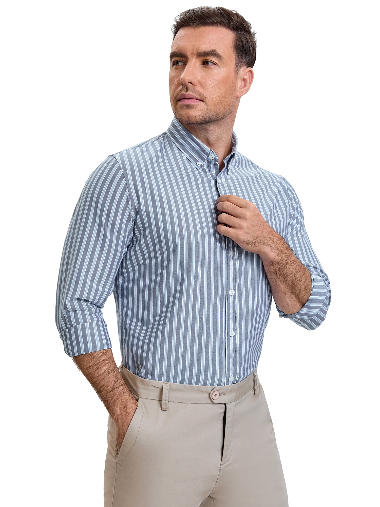 DARING DIVA Men's Stripes Long Sleeved Button Down Business Dress Shirts XL Light Gray