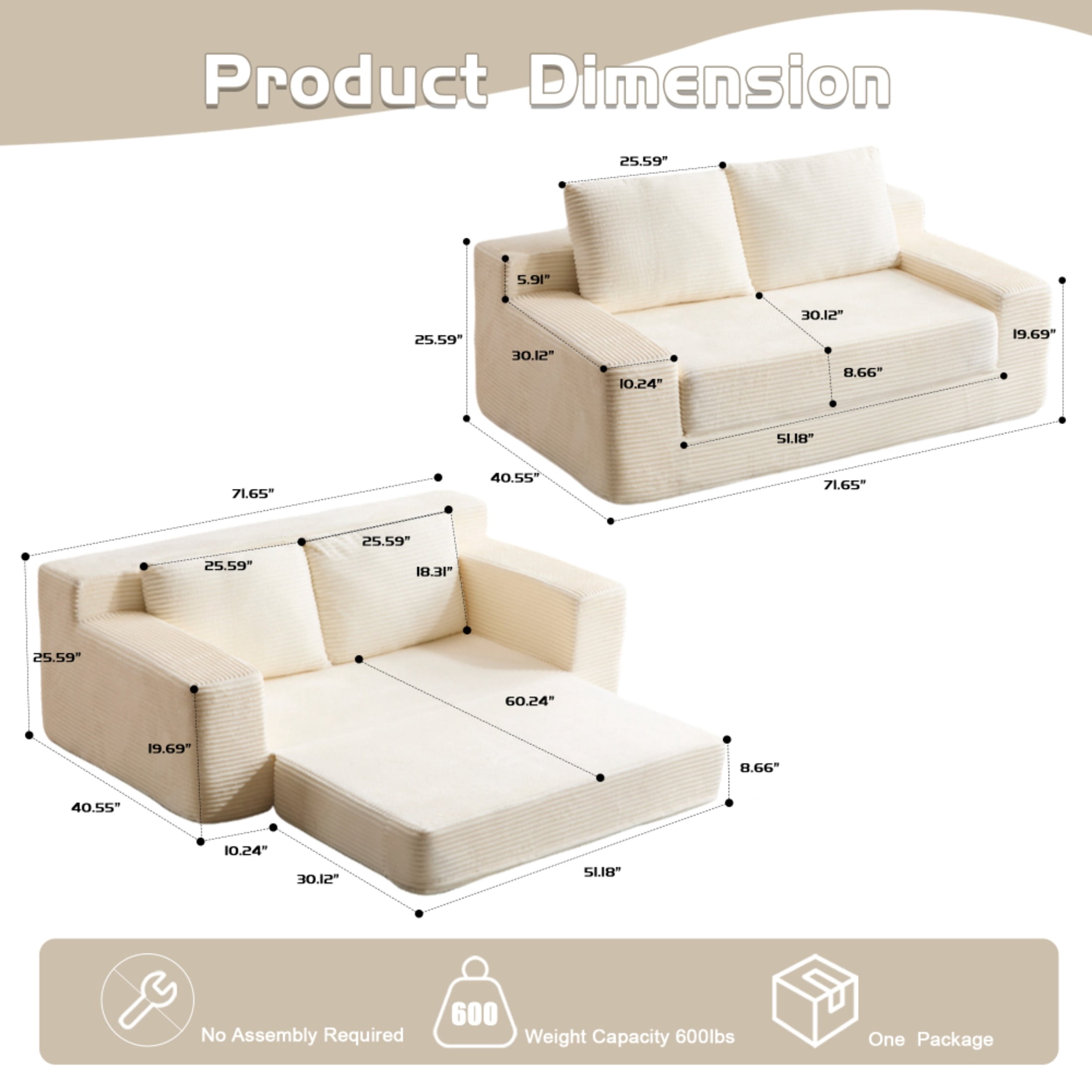SOULART 71.65" Loveseat Sofa, White Corduroy Deep Seat Couch, Reversible Cushion with Pillows, No Assembly Required