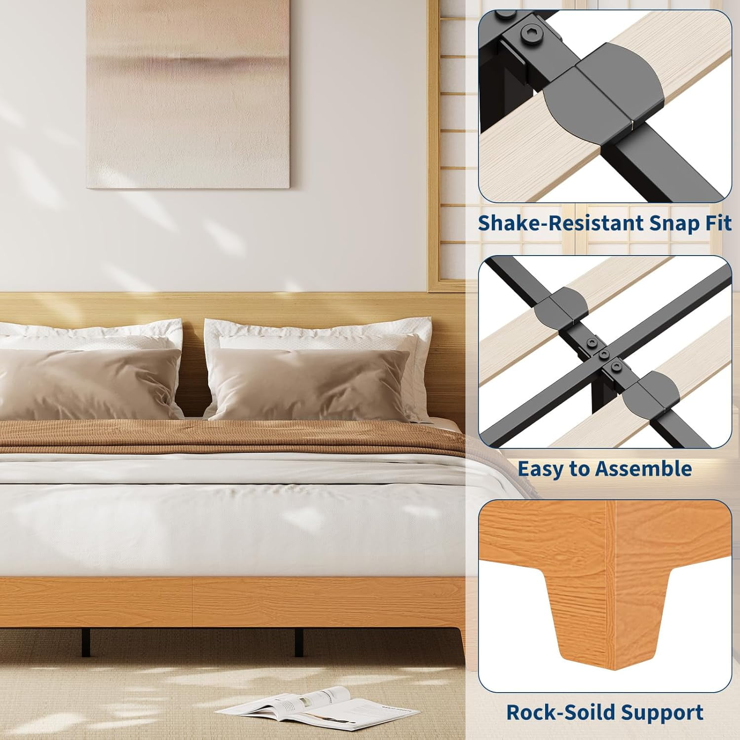 Full Bed Frame, Wooden Platform Bed Frame, Minimalist Bed with Wood Slats Support, Underbed Space for Storage, No Box Spring Required, Noise-Free, Easy Assembly