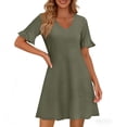 thumbnail image 4 of Delconic Women’s Short Sleeve V Neck Ruffle Hem Casual Loose Fit Dress with Pockets for Daily Wear and Leisure Activities Army Green L, 4 of 5