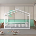 thumbnail image 2 of Full Size House Bed, Wood Montessori Bed Full Floor Bed Frame with Fence Shaped Guardrails and Roof, White, 2 of 7