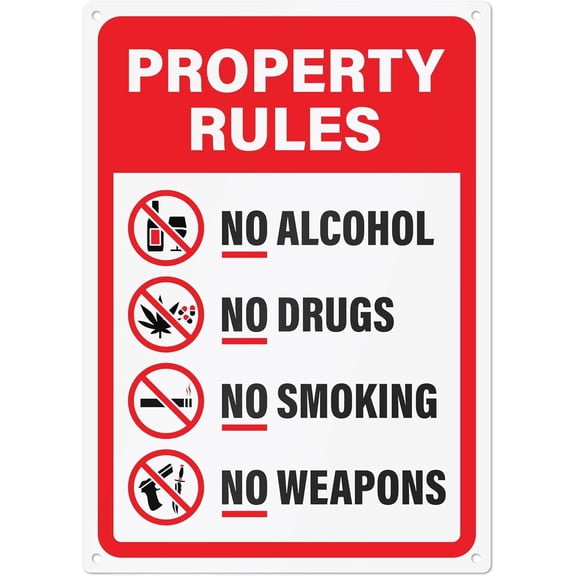 Property Rules Safety Sign - 10x14 Metal Notice for Business and Private Security - Heavy Duty Rust-Free Aluminum