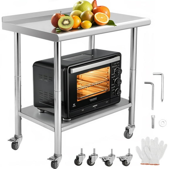 Towallmark Stainless Steel Table, 30x24 Inch Metal Prep Table With Wheels & Adjustable Undershelf, Commercial Work Table With Backsplash For Kitchen Restaurant Home Garage, Heavy Duty