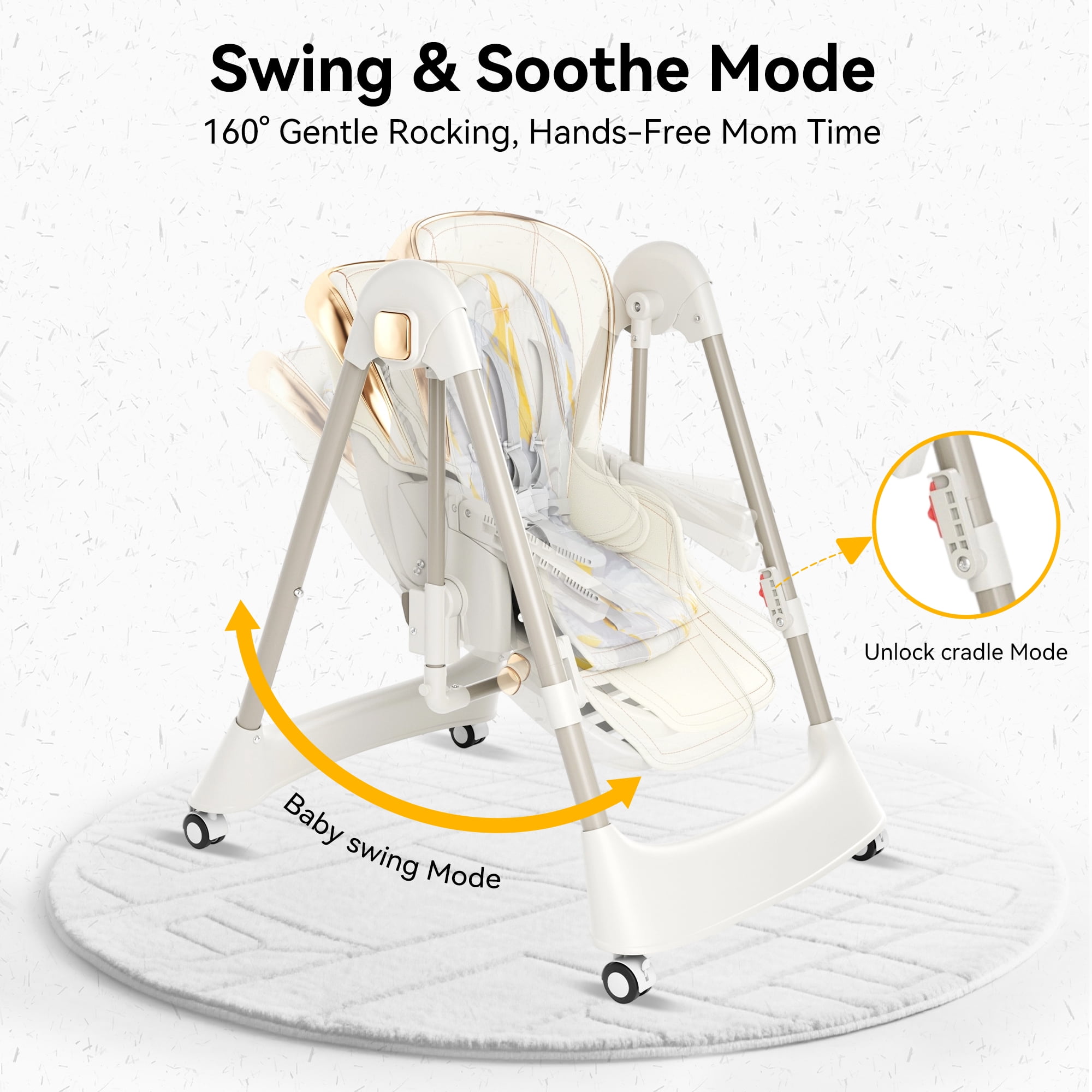 TouHeart 6-in-1 Baby High Chair and Baby Swing Combo, Convertible Highchair for Infants Toddlers, with 6 Heights, 4 Recline, Foldable with Wheels，Beige