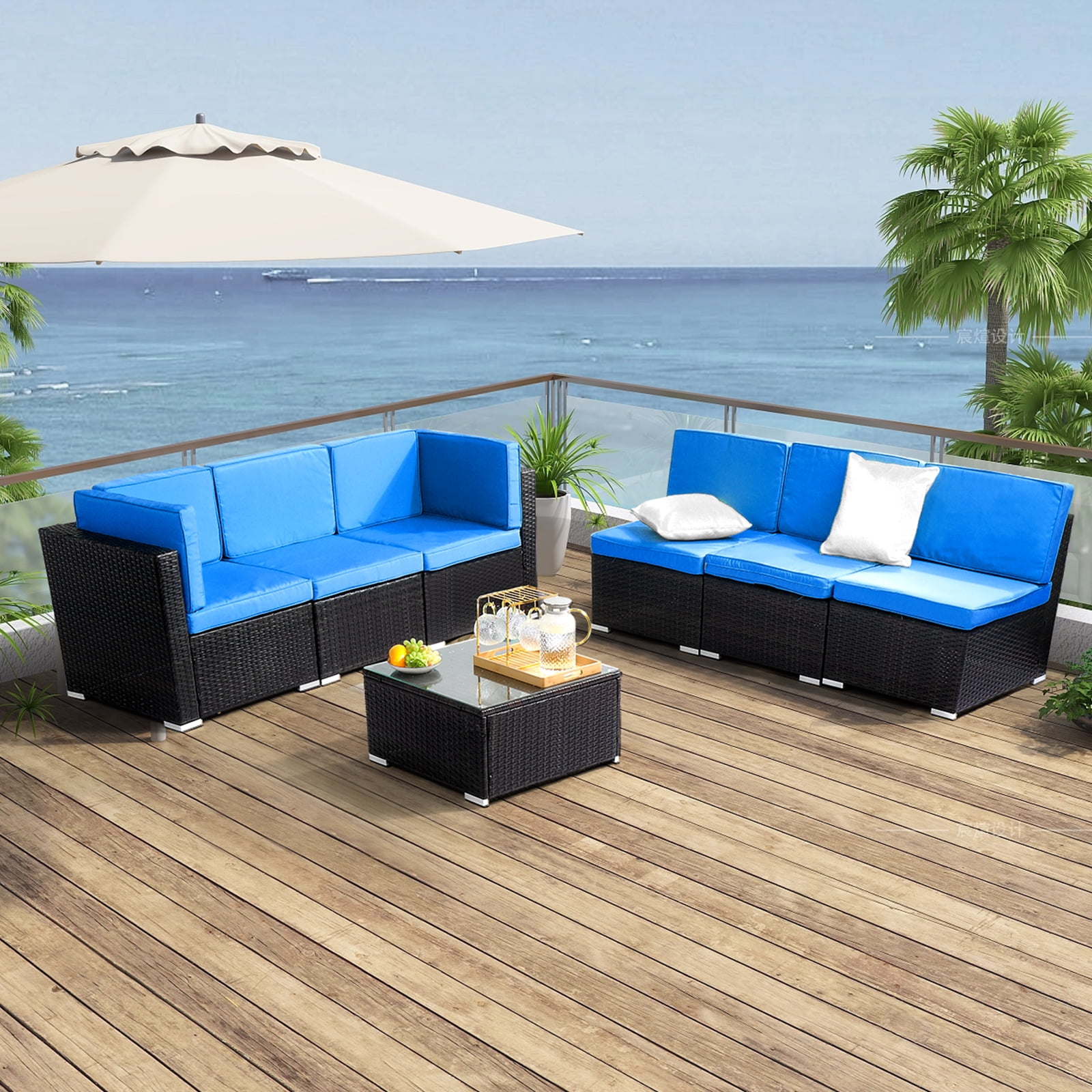 Ktaxon 7pc Outdoor Patio Sectional Sofa Set, Rattan Wicker Furniture All-Weather - Black & Blue
