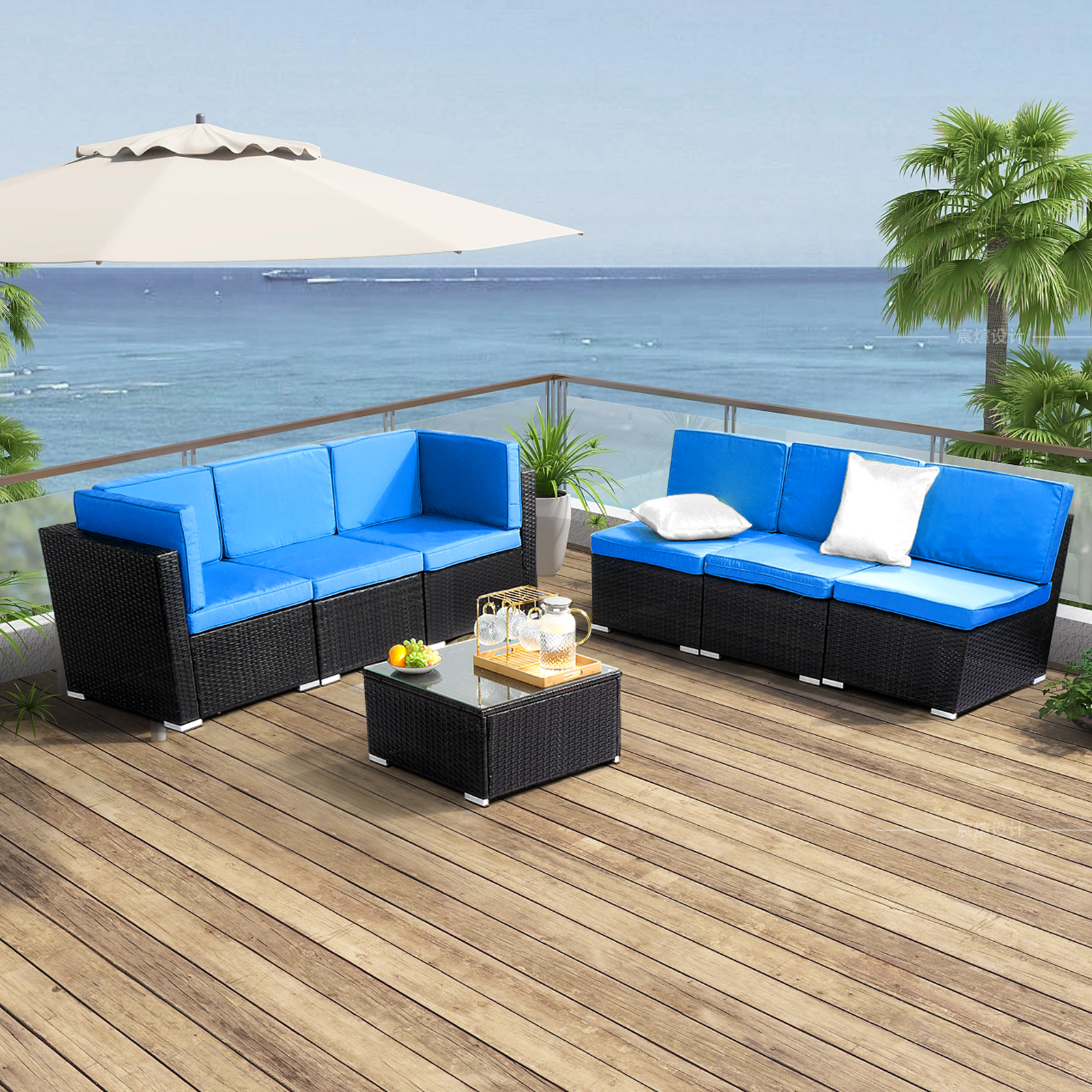 Zimtown 7PCS Outdoor Patio Sectional Set, Wicker Couch Sofa Set, Rattan Conversation Set, All Weather Chat Set for 6 Person, Blue and Black PE Rattan with Table - image 3 of 9
