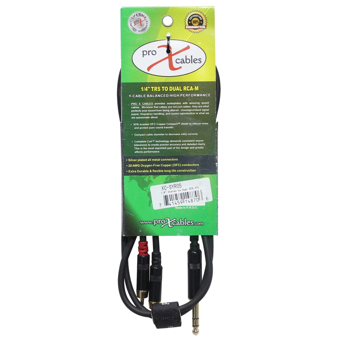ProX XC-SYR05 5' 1/4" TRS-M Stereo to Dual RCA-M Unbalanced High Performance Audio Cable