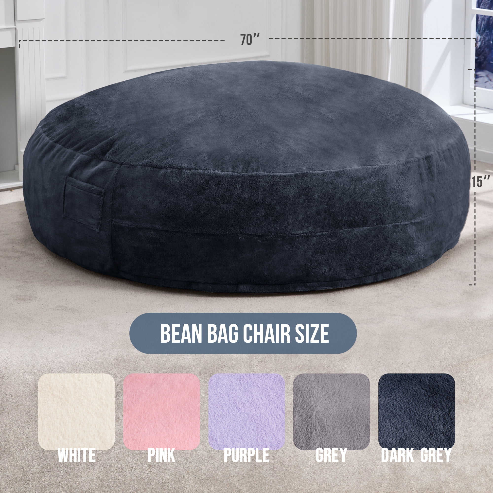 Hobestluk 6ft Bean Bag Chairs for Adults Large Beanbag Chair with Plush Faux Fur Cover Big Bean Bag Chair for Living Room Bedroom Dorm Office - Dark Grey (70" x 70" x 15")
