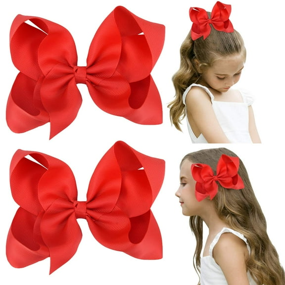 2PCS 6" Big Hand-made Grosgrain Ribbon Solid Color Hair Bows Alligator Clips Hair Accessories for Little Teen Toddler Girls Kids