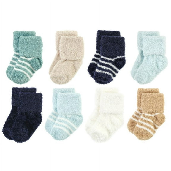 Hudson Baby Infant Boy Cozy Chenille Newborn and Terry Socks, Navy Mint Stripe, 0-6 Months