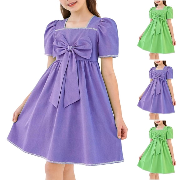 akafmk Girls Summer Dresses Puff Short Sleeve Midi Dress Bow Front High Waist Princess Summer Casual Birthday Party Dress, 5-16 Years