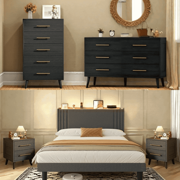 Modern Bedroom Furniture Set, Queen Bed Frame with Charging Station & LED Lights, 2 Nightstands, 5-Drawer Dresser & 6-Drawer Chest, Black