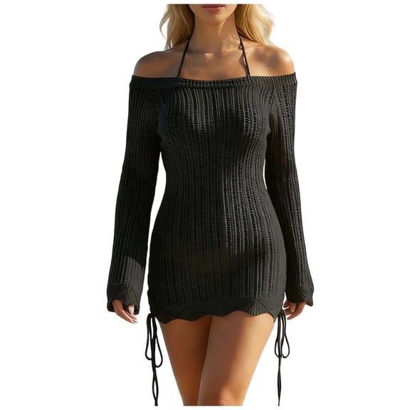 JIAYUE Women's Swimsuit Cover-Ups Elegant Solid Color Off-Shoulder Sexy Comfortable Knit Beach Long Sleeve Drawstring Slim Fit Bathing Suit Cover Up Dresses