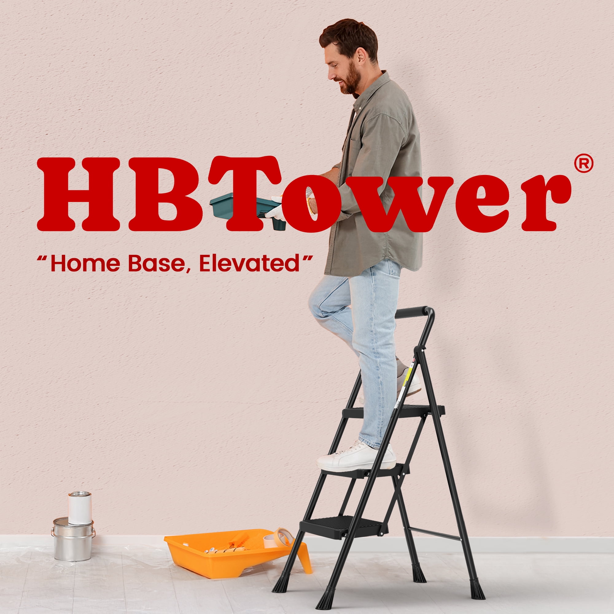 HBTower 3 Step Ladder, Folding Step Stool with Wide Anti-Slip Pedal, Convenient Handgrip, Lightweight 500lbs, Portable Steel Step Stool, Black