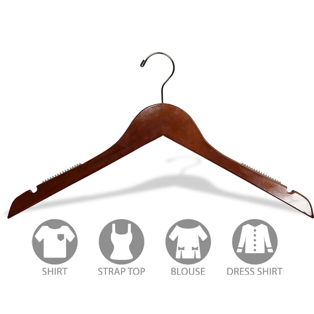 INTERNATIONAL HANGER Walnut Wood Top Hanger with Non-Slip Shoulder Grips, 50 Pack