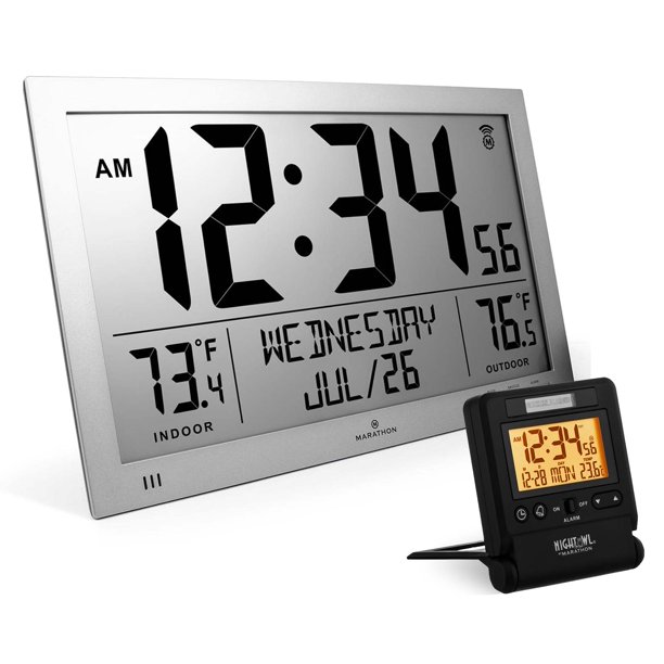 Marathon CL030066BGG Slim Clock Grey w/Travel Alarm Clock Black