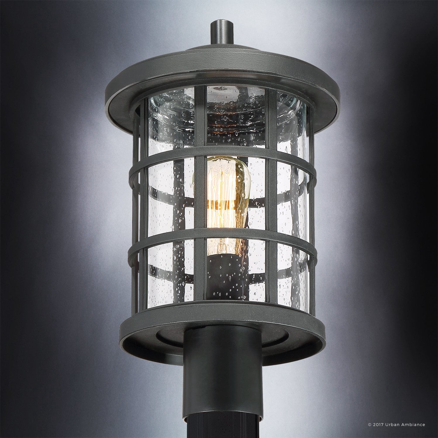 Urban Ambiance Luxury Craftsman Outdoor Post Light, Medium Size: 17.25"H x 10"W, with Tudor Style Elements, Wrought Iron Design, Natural Black Finish and Seeded Glass, UQL1046