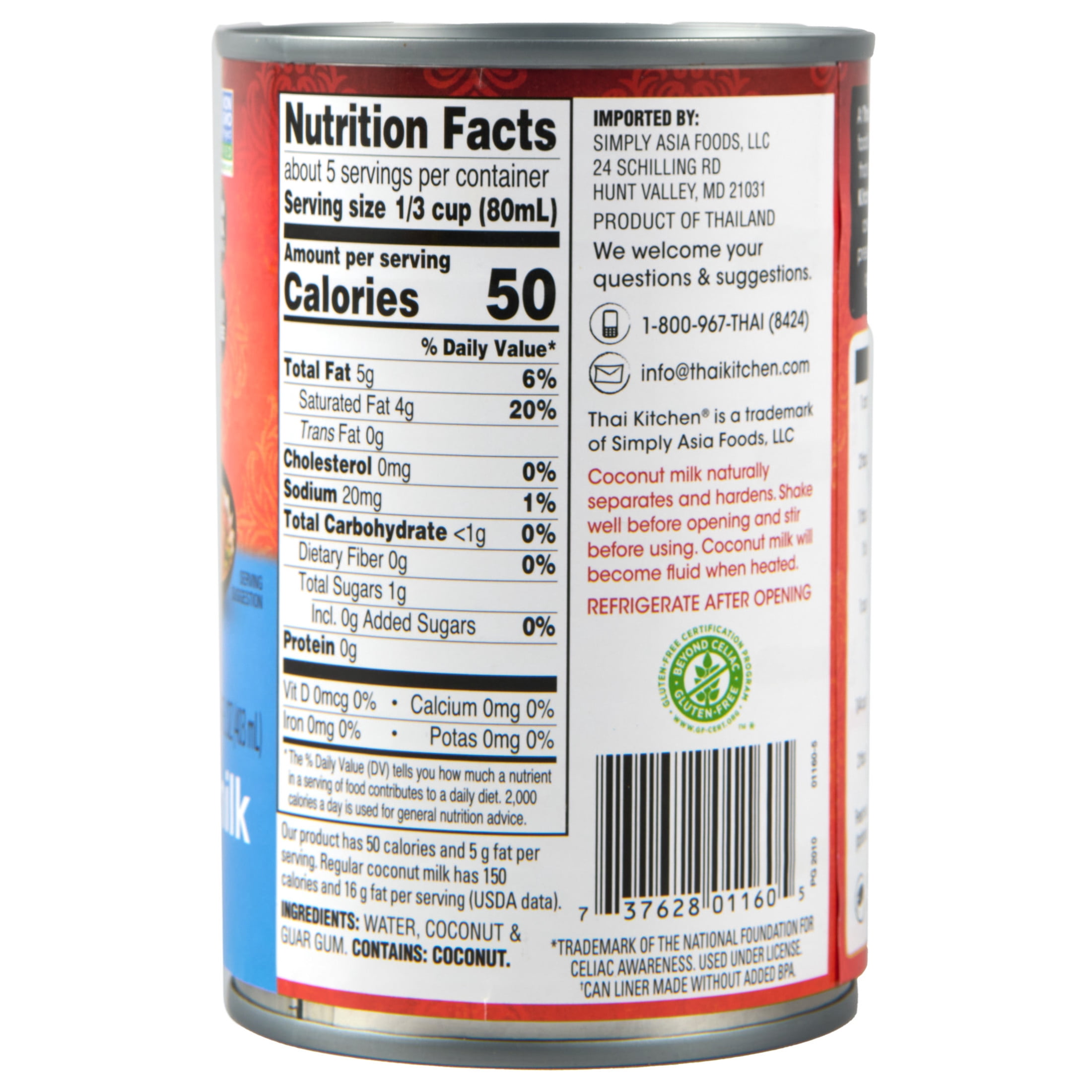 (2 pack) Thai Kitchen Gluten Free Gluten Free Lite Coconut Milk, 13.66 fl oz Can