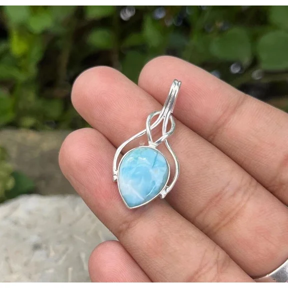 Natural Larimar Gemstone Handmade 925 Sterling Silver Jewelry Pendant Sz-1.5''