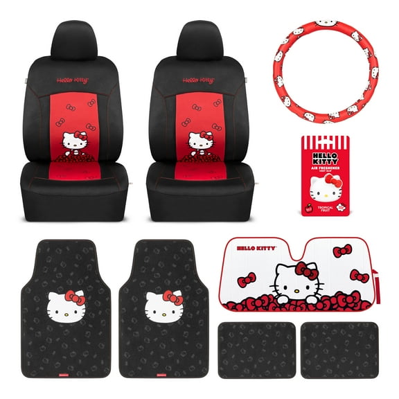 Hello Kitty Car Seat Covers, Car Floor Mats, Steering Wheel Cover, Windshield Sun Shade 9pc Combo for Car Gift Pack