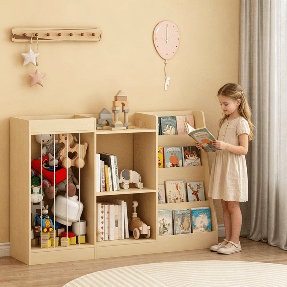3-in-1 Toddler Bookshelf & Toy Storage with 4 Tiers, Montessori Bookcase with Front Display & Stuffed Animal Organizer for Nursery Playroom
