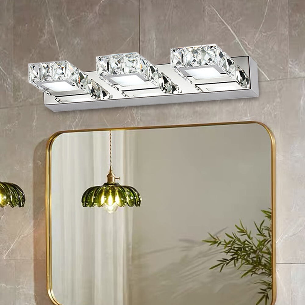 3 Square Lights Modern Bathroom Vanity Light LED Crystal Mirror Front Wall Lamp IP65 18.11*1.97*4.33in for Bathrooms, Bedrooms, Study Rooms