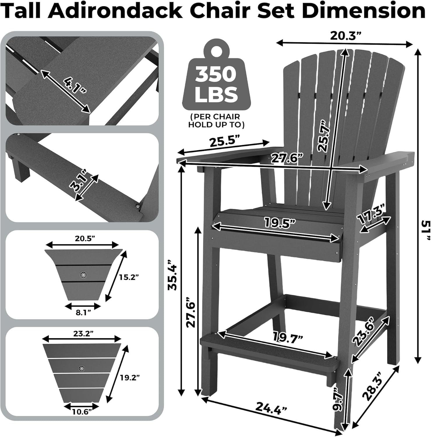 Outdoor Bar Height Adirondack Chairs with Connecting Tray,Balcony Chairs Recycled Poly Adirondack for Deck,Backyard,Outdoor Tall Adirondack Chairs Weather Resistant