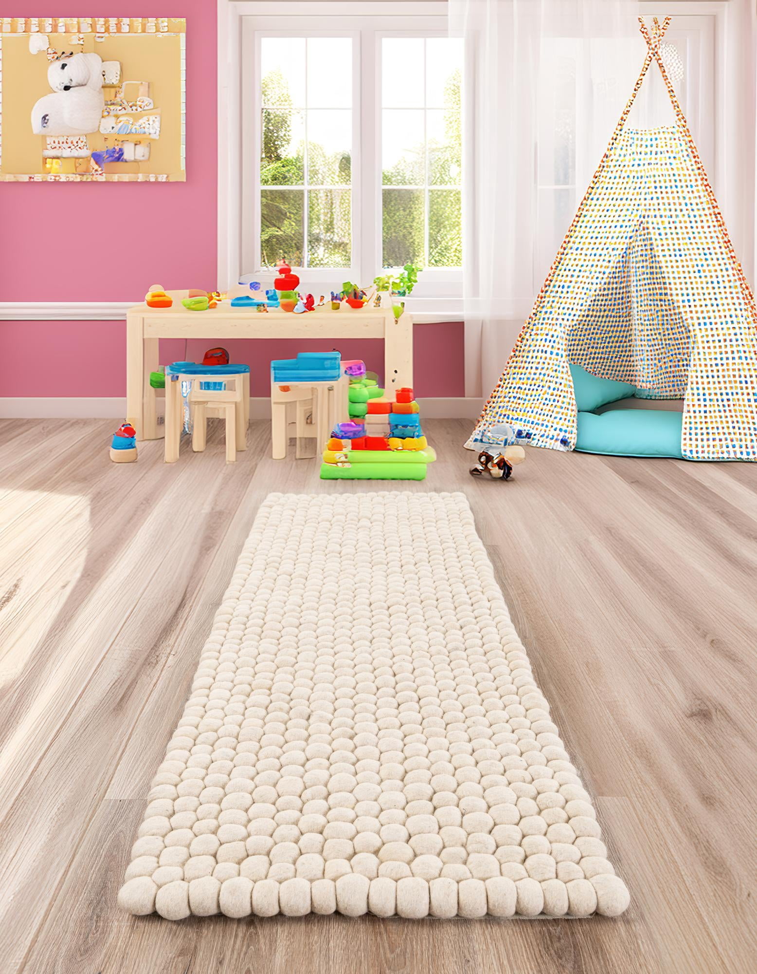 Unique Loom Felt Ball Collection Area Rug - Cloud (2' 2" x 6' 1" Runner Ivory)