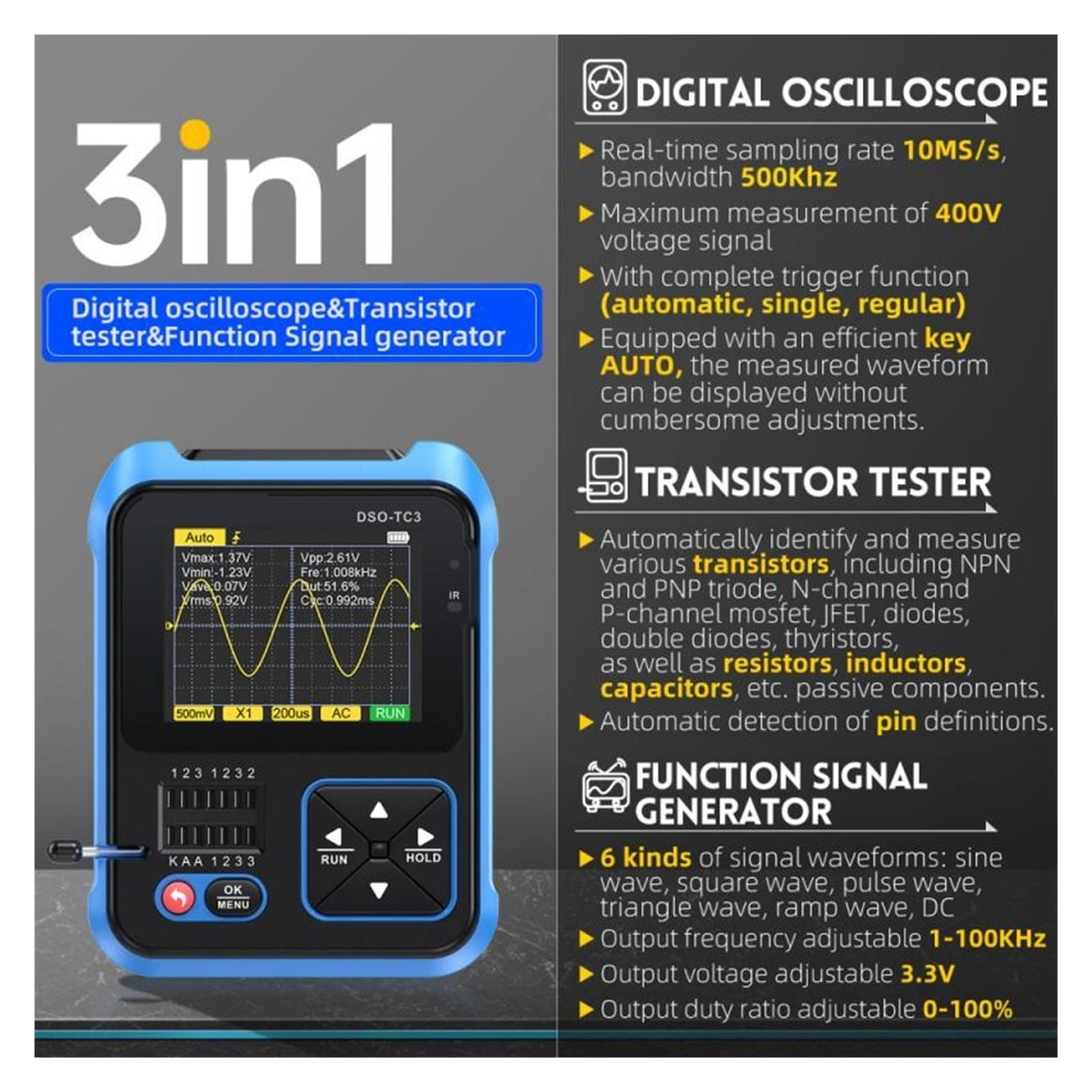 Signal Generator Portable Digital Oscilloscope 3-in-1 Oscilloscope Transistor Tester Multimeter ,Professional Designed
